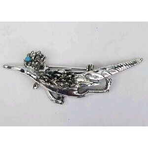 ROADRUNNER Pin Bird Brooch Blue Eye Unsigned Silver Tone Metal Lapel Hat Vintage
